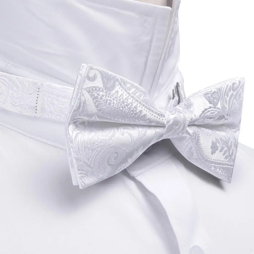 White Black Gray Silver Silk Mens Bow Tie Jacquard Paisley Floral Pre-Tied Bowtie Hanky Cufflink Set Wedding Business Barry.Wang