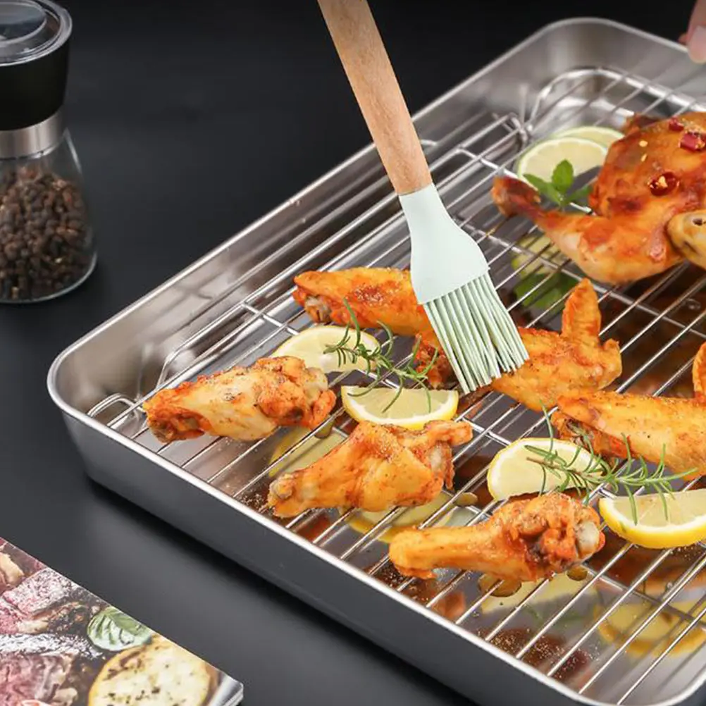 

TEHAUX 1 Set Japanese Style Stainless Steel Baking Tray with Rack Nonstick Roasting Pan for Chicken Fish Vegetables