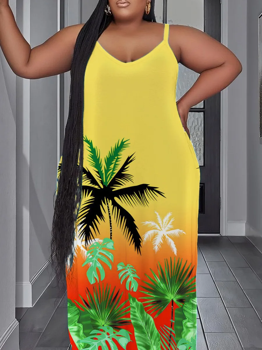 

LW Plus Size dresses Gradient Palm Tree Print Cami Dress summer sleeveless maxi dress vestido large size women's clothing dress