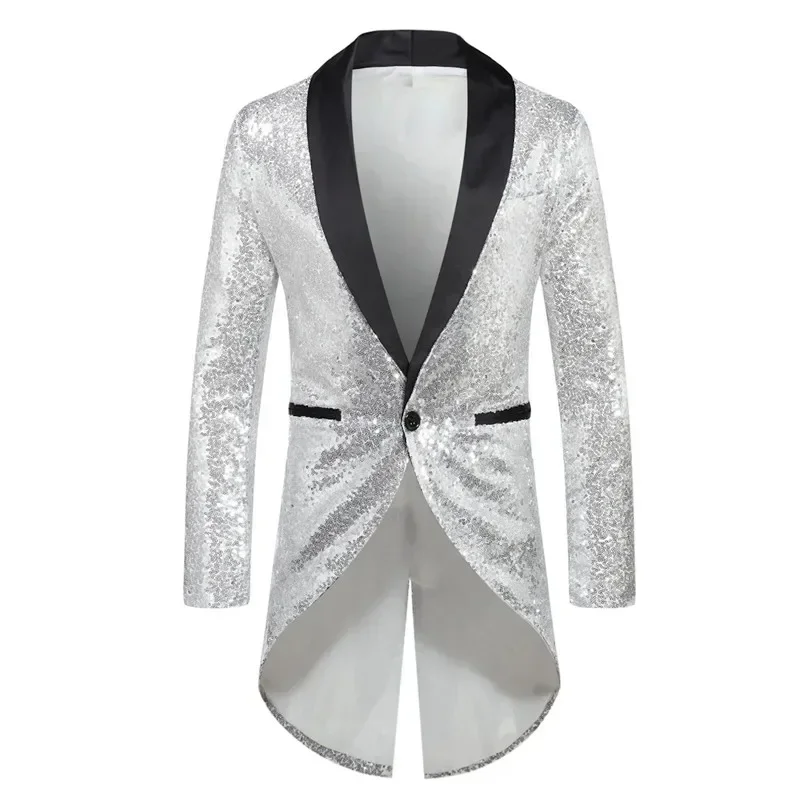 Gold Sequin Suit Jacket Men's Performance/Party Dress Coats Red Silver Male Blazers Purple White Black Collar Tuxedo