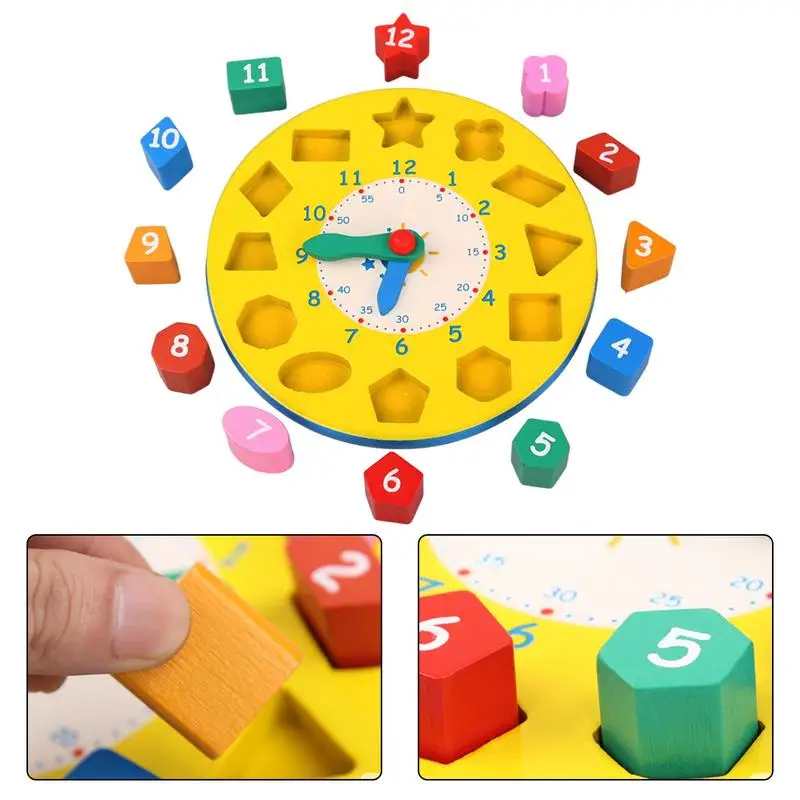 Teaching Time Blocks Clock Number Shape Teaching Clock Movable Arms Shape Sorting Puzzle For Home School Daycare Center