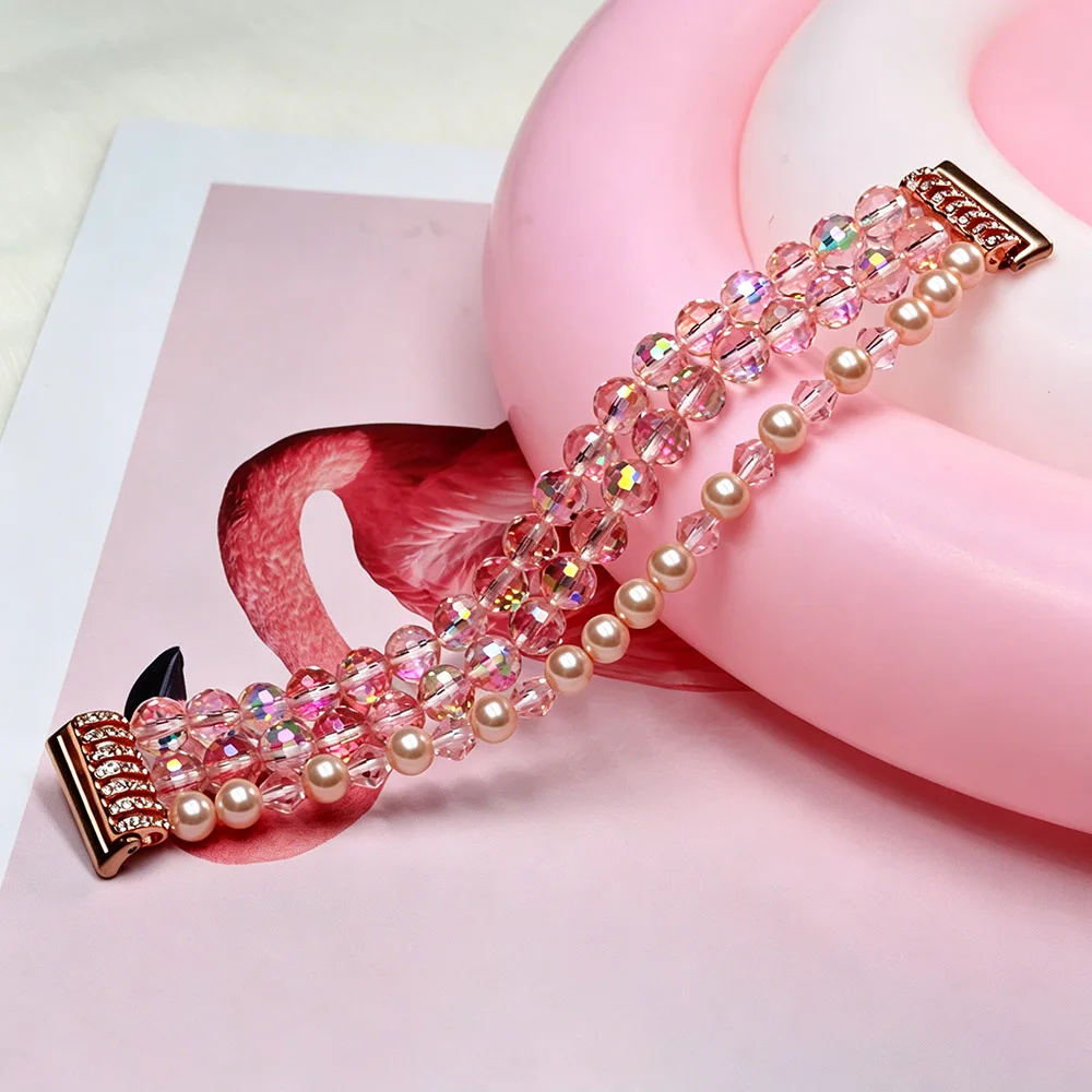 Jewelry Beaded Bracelet for Samsung Galaxy Fit 3 Band Women Dressy Strap SM-R390 Replacement Wristband Bling Crystal Pearl Beads