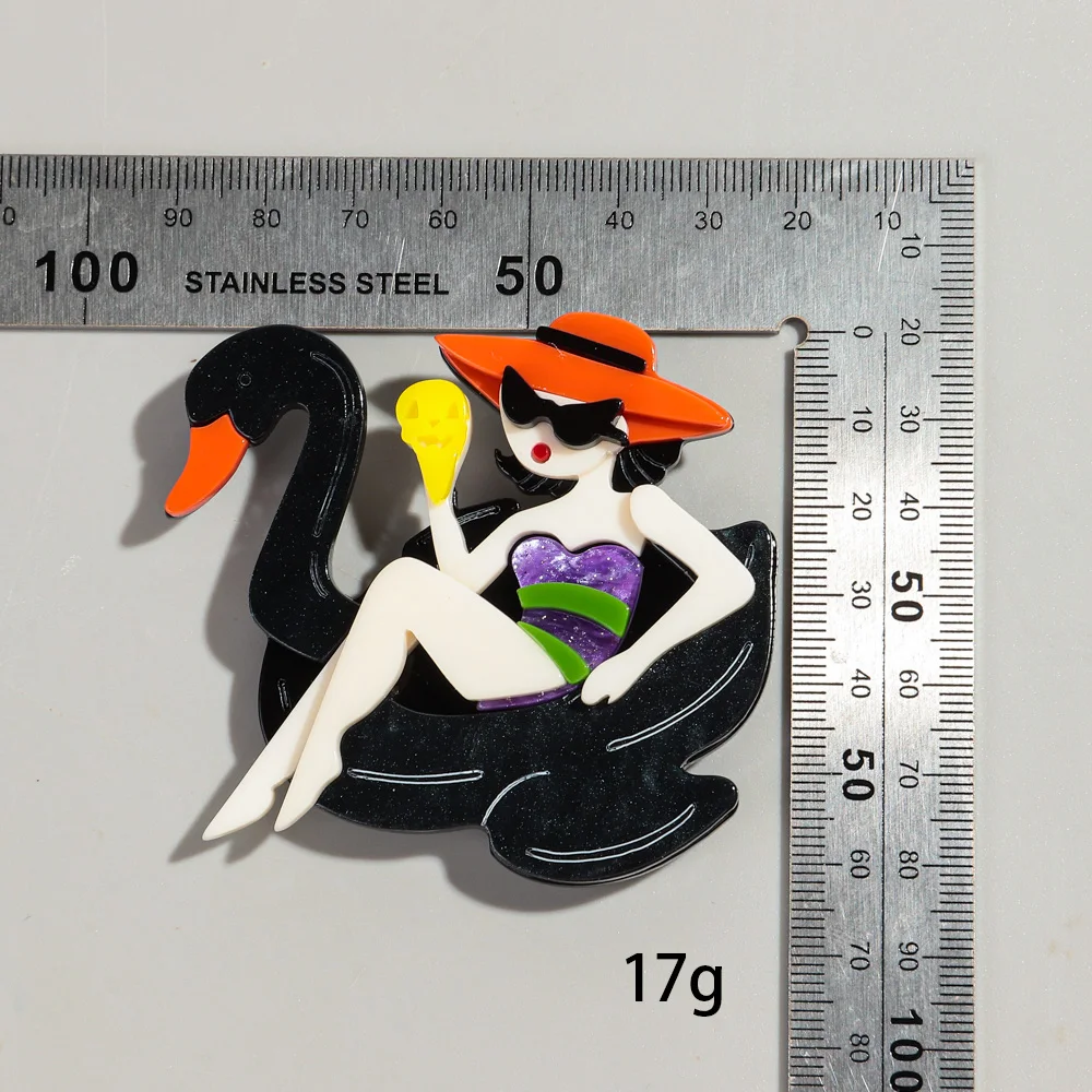 Cute Acrylic Swan Girls Brooches for Women New Cartoon Vacation Hat Lady Figure Badges Pin Casual Jewelry Accessories Gifts