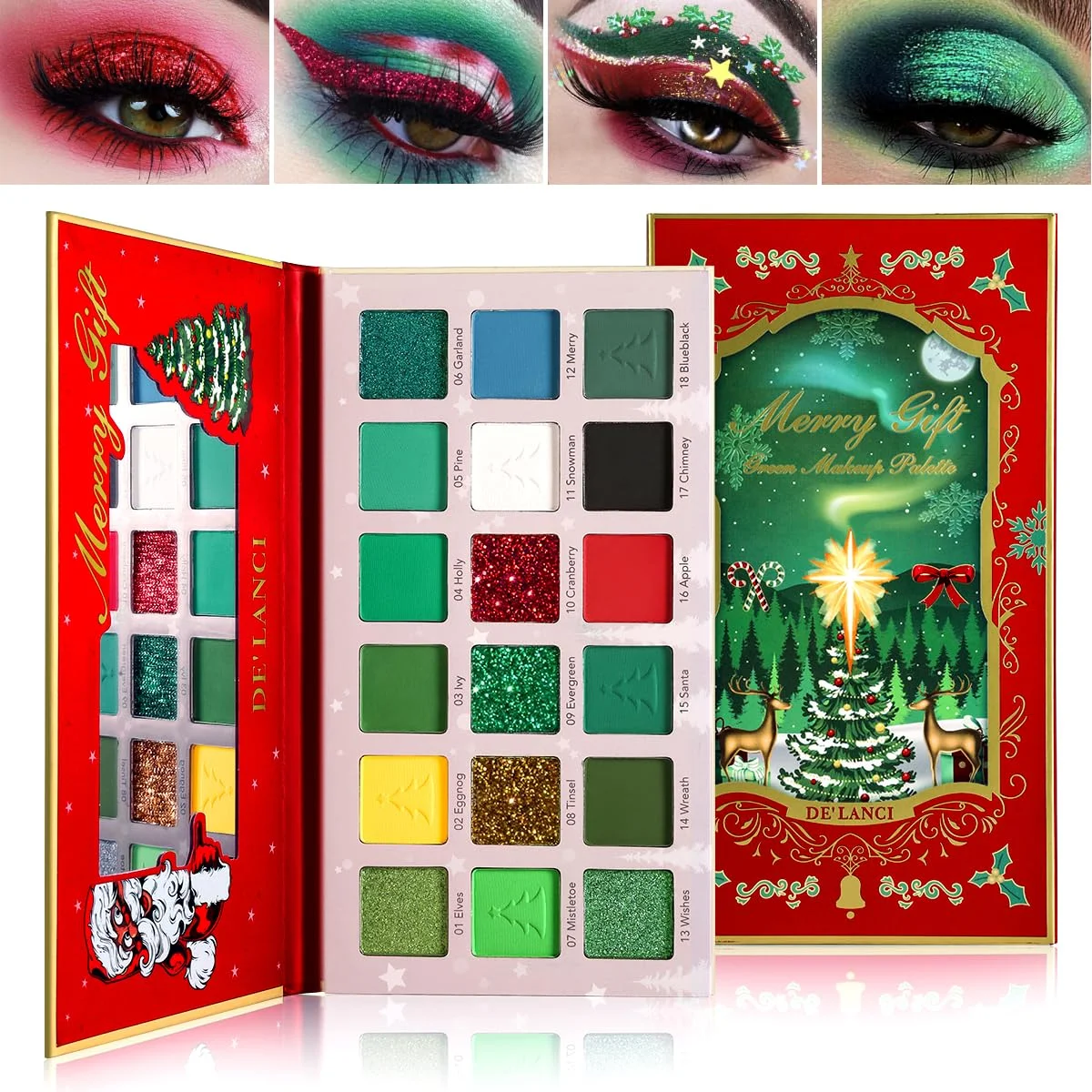 Afflano 18Colors Christmas Green Red Eyeshadow Highly Pigmented Matte Shimmer Glitter Long Lasting Blendable Holiday Makeup Gift