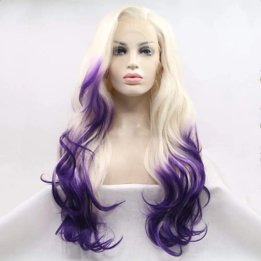 Long Blonde to Purple Ombre Lace Front Wig for Women Body Wave Heat Resistant Synthetic Hair Two Tones Color Wig