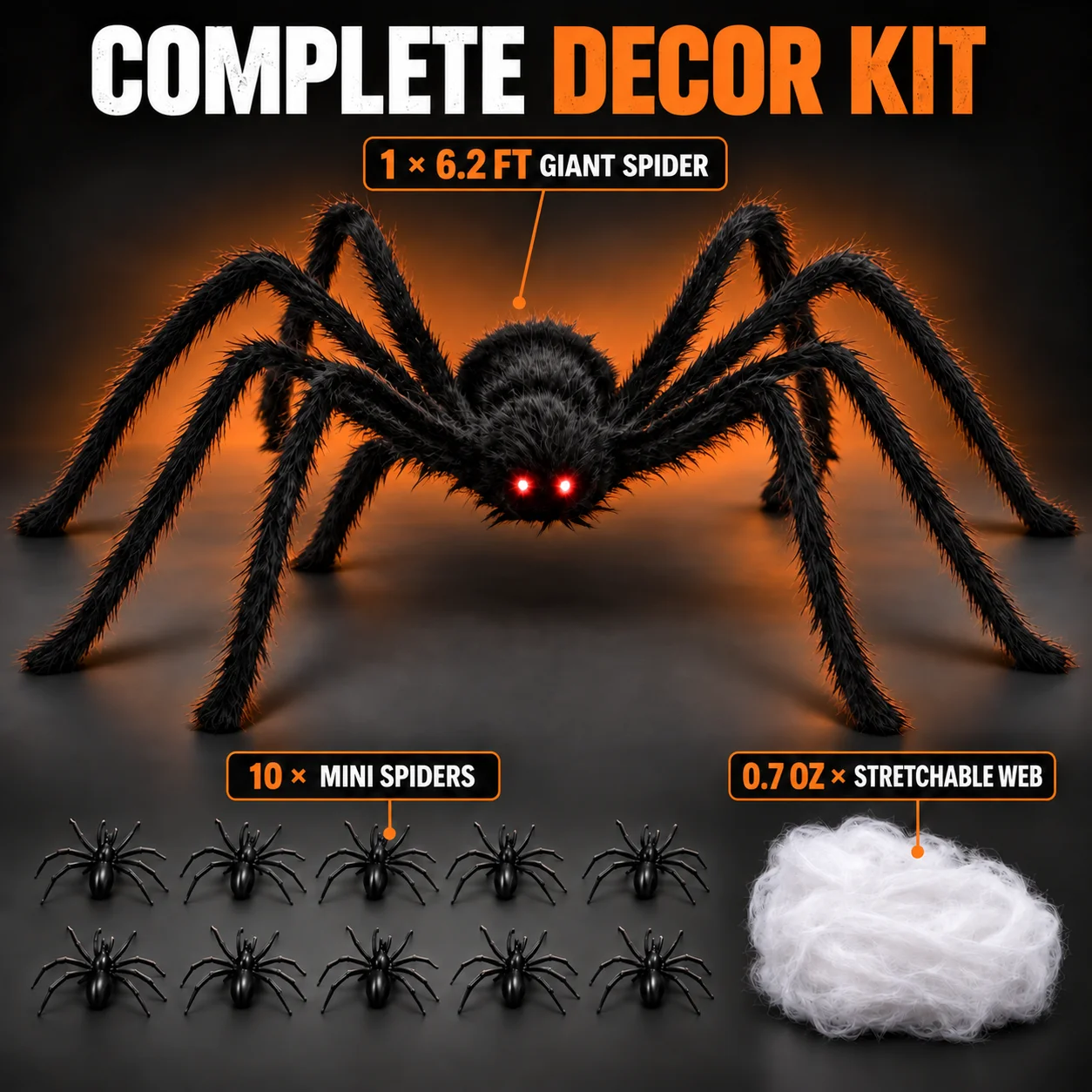12PCS 6.2FT Giant Halloween Spider Set with Bendable Legs, 10 Mini Spiders & 0.7oz Stretchable Spider Web, Large Furry Outdoor Halloween Decorations for Yard, Porch, Lawn, Party & Haunted House