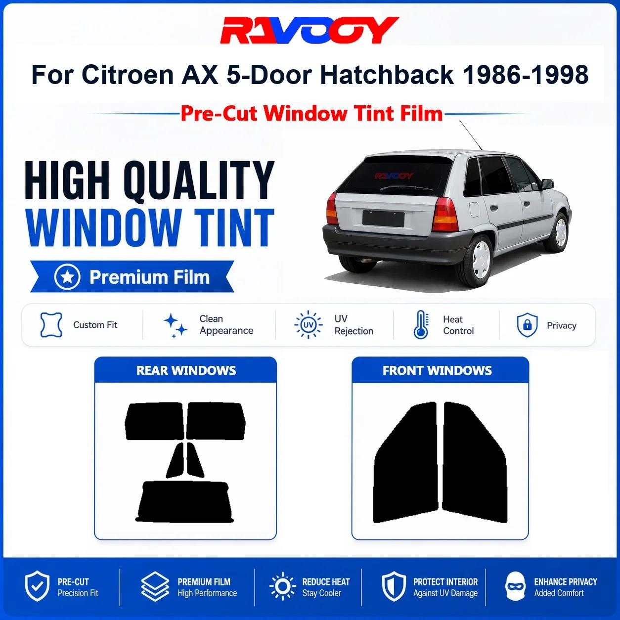 Premium Pre-Cut Window Tint For Citroen AX 5-Door Hatchback 1986-1998 Front & Rear Windows UV Heat Rejection Privacy Film