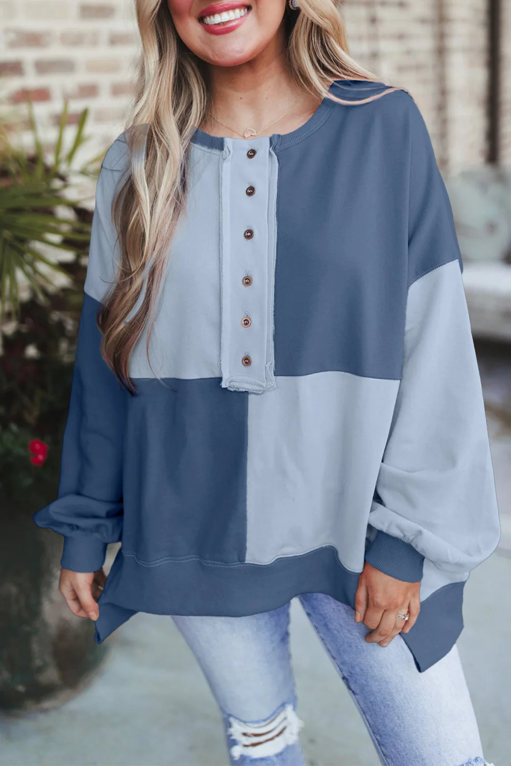 

Women's Sweatshirt Fashion Patchwork Color Autumn Winter O-neck Button Design Sense Drop Cuff Women Loose Pullover Casual Top