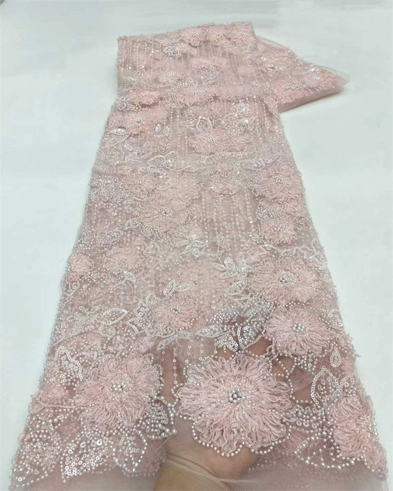 

5 Yards Luxury African Sequins Groom Lace Fabric High Quality French Nigerian Beaded Wedding Dress Material