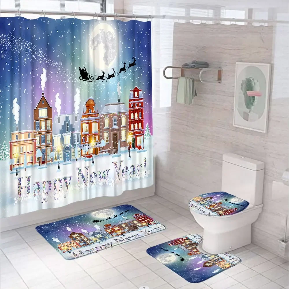 Christmas Snowman Shower Curtain Set Non-Slip Rugs Toilet Lid Cover Bath Mat Durable Waterproof Xmas Santa Claus Bathroom Decor