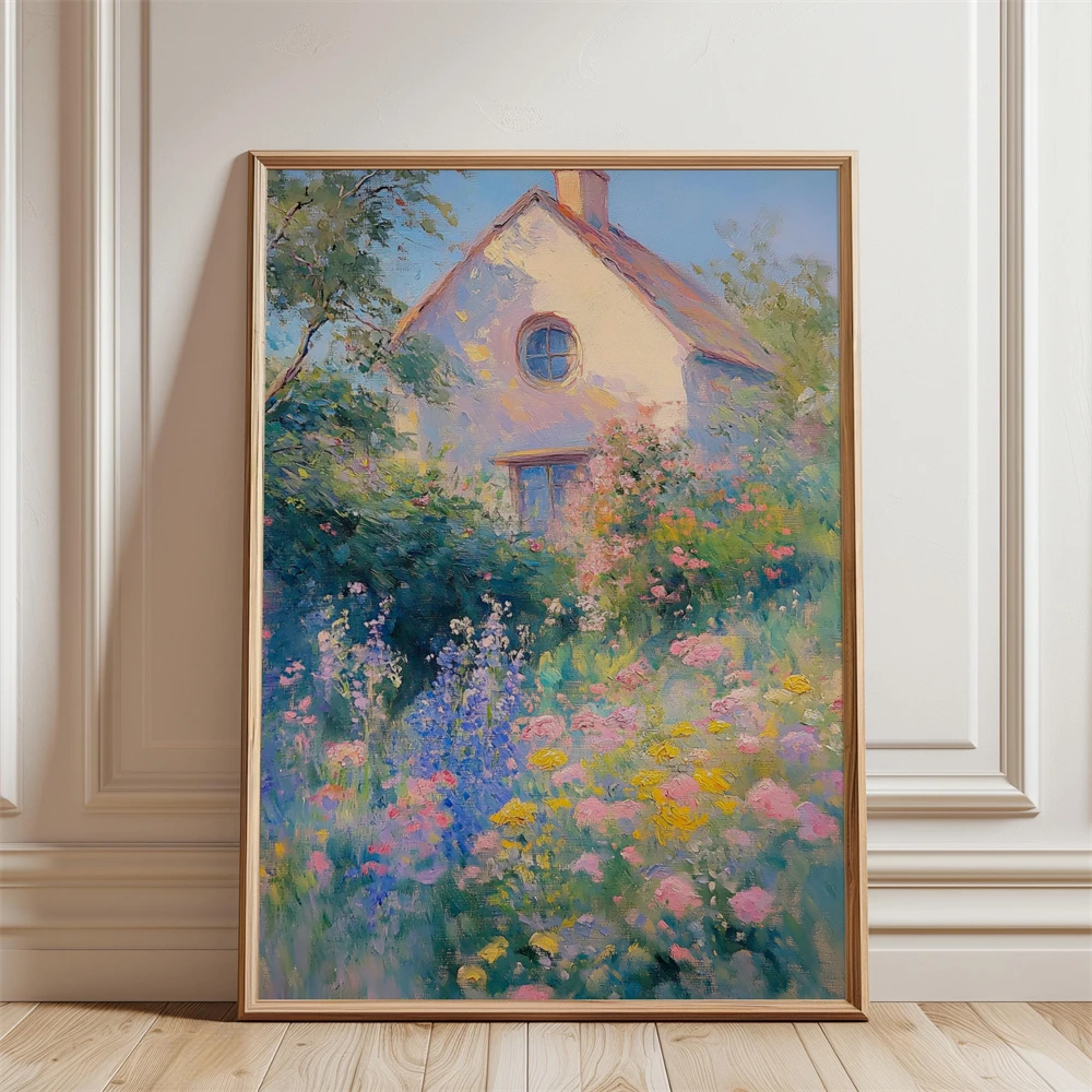 Monet Style French Cottage Oil Painting Art Print Impressionist Pastel Countryside Decor English Cottage Wall Art Canvas Print