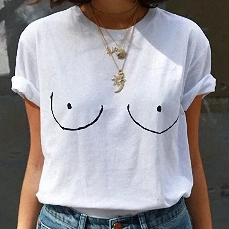 

2024 Funny Summer T-shirts Women Casual TITTIES BOOBS BOOBIES Print Short Sleeve T Shirt Woman Clothes white Tops