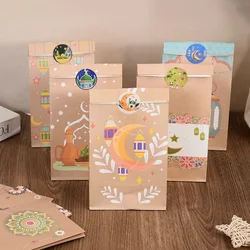 12pcs Eid Mubarak Kraft Paper Bag with Stickers Ramadan Candy Gift Packaging Bag 2025 Islamic Muslim Party Decoration Supplies