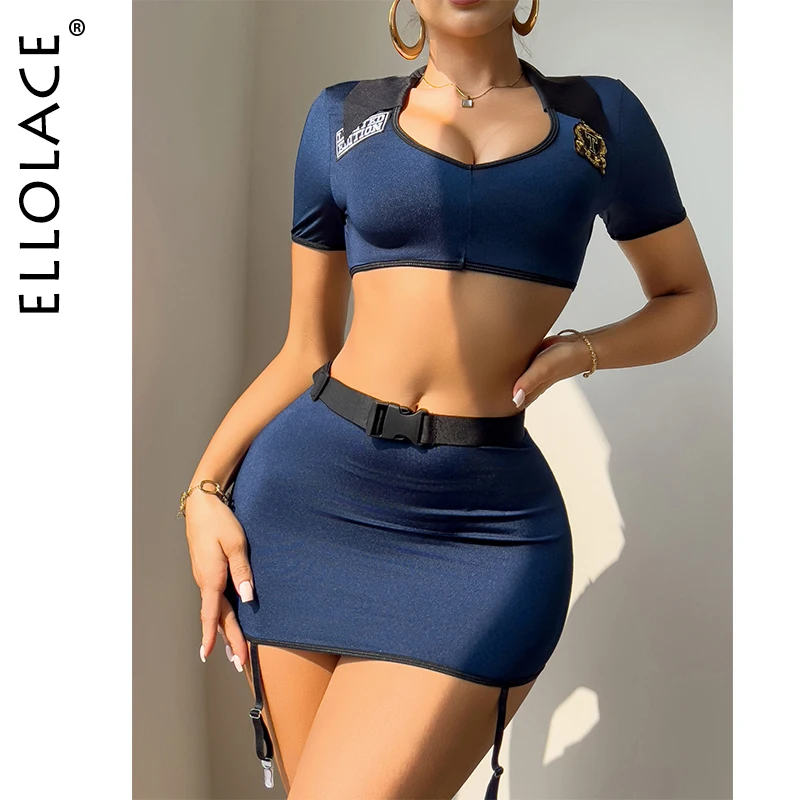 

Ellolace Halloween Sexy Lingerie Police Officer Cosplay Crop Top Panty Skirt 3PC Role Play Unitform Masquerade Party Hot Costume