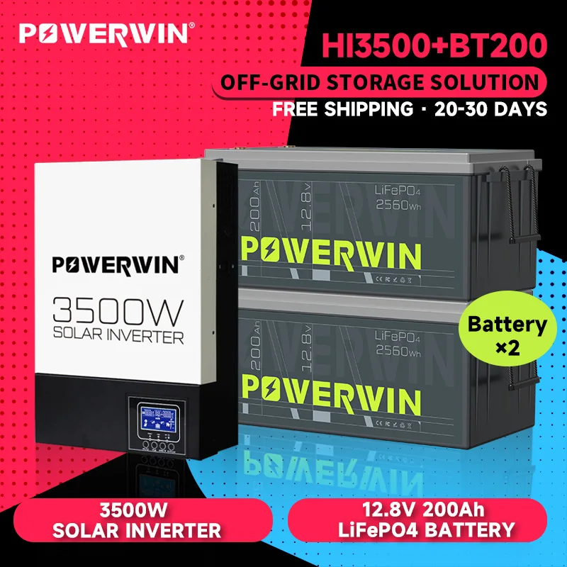 POWERWIN BT200 LifePO4 12V 200Ah/2560Wh Off-grid Hybrid Solar Inverter HI3500 3500W 24V Pure Sine Wave 24V Battery LCD 100A MPPT