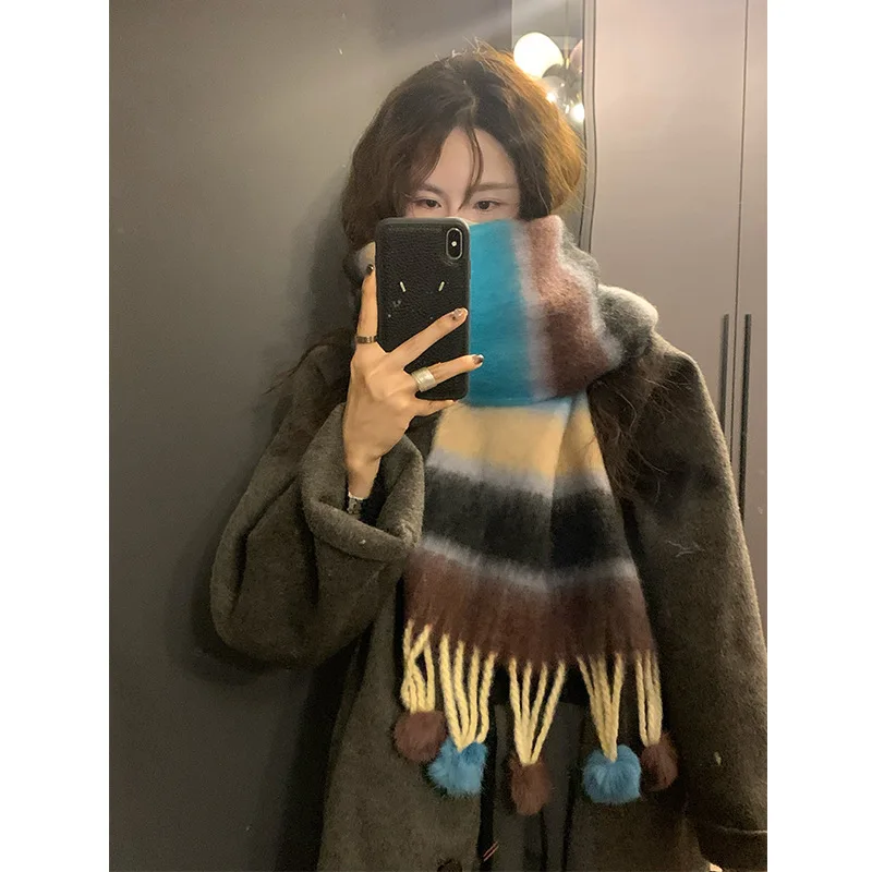 Korea Real Rabbit Fur Ball Warm Dopamine Scarf Soft Stripe Long Shawl Female Colorfur Thermal Y2K Scarf Girls Teen Muffler