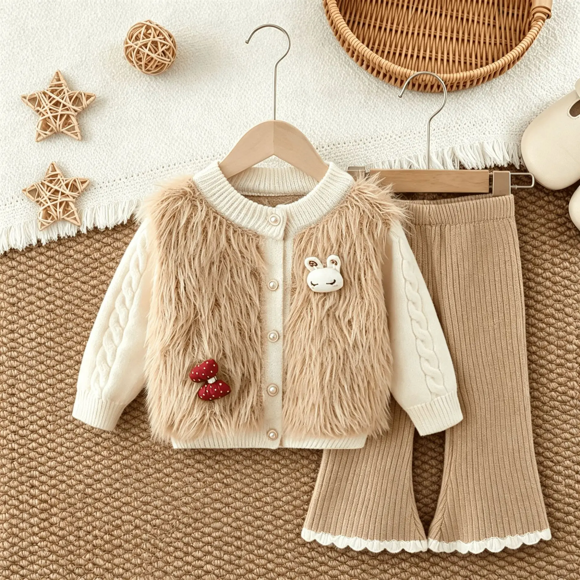 Girls Knitted Clothes Sets Spring Autumn Children Woolen Jersey Sweaters Fur Coats Pants Fahion Suit For Baby Cute Outfits Kids