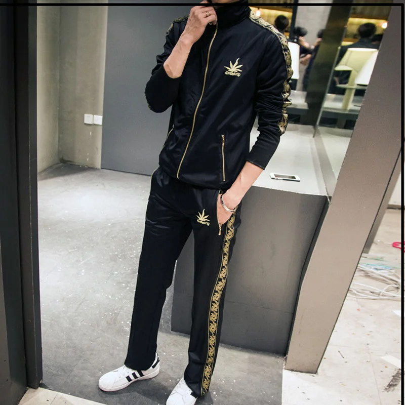 heat-seeking-high-school-jacket-embroidered-sports-men's-five-leaf-sweatshirt-and-pants-set-long-sleeve-long-pants-polyester