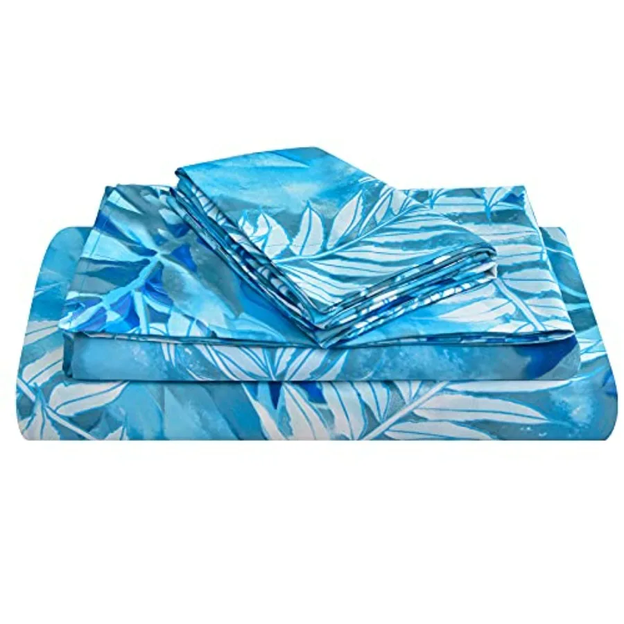 Blue Tropical Leaves Print Sheet Set, 4 Pcs Soft Pattern Microfiber Bed Sheets Extra Deep Pocket