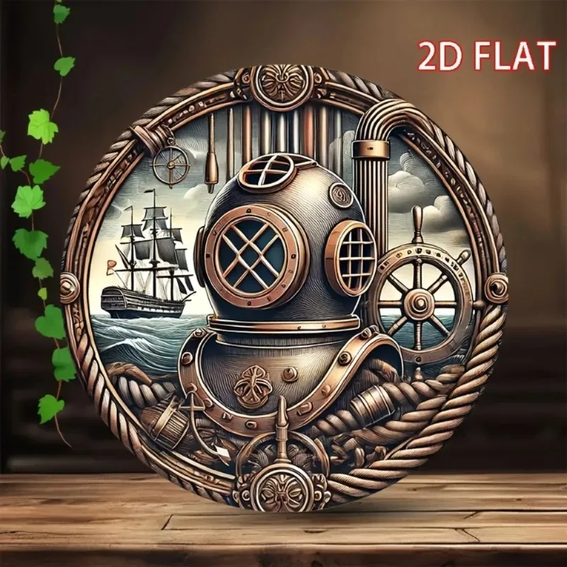 2D Flat Room Decor ,Antique Bronze Round Iron Decorative Sign – Nautical Art with Diving Helmet, Ship Rudder & Steering Wheel