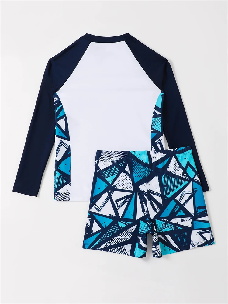 Boy Kids Swimsuit 2026 New Geometric Print Short Sleeves Children Swimwear Summer 2 Piece Beach Wear Swimming Bathing Suit Boys