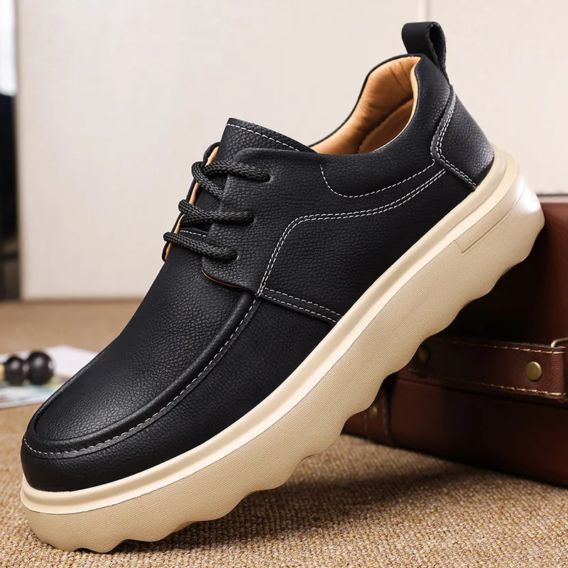 Men's Genuine Leather Casual Shoes Breathable Comfortable Chunky Platform Height Increase Fashion Versatile Sneakers 2026 New