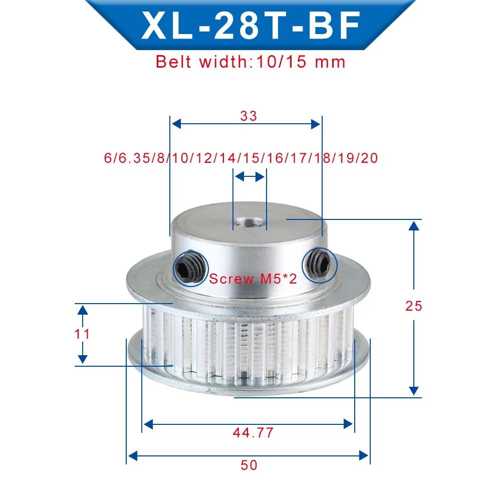 XL 28T Alloy Pulley Teeth Pitch 5.08 mm Trapezoidal Tooth Pulley Wheel Bore 6/8/10/12/14/15/16/17/19/20 mm Belt Width 15mm