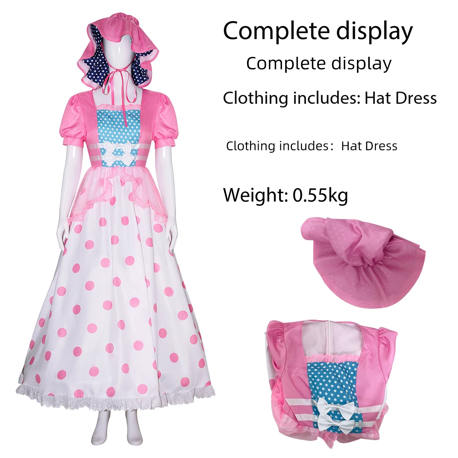 Disfraz de cosplay de vestido largo con lunares rosas y blancos, estilo clásico de personaje animado, ideal para Halloween/fiestas temáticas