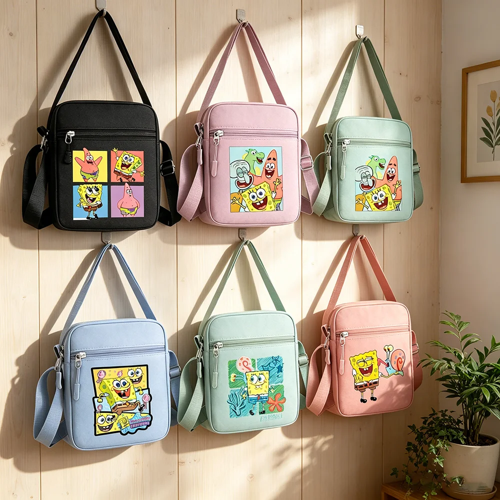SpongeBob Canvas-Tasche, Umhängetasche, Anime-Handytasche, quadratische Aufbewahrungstasche für Jungen und Mädchen, Studenten-Geldbörse