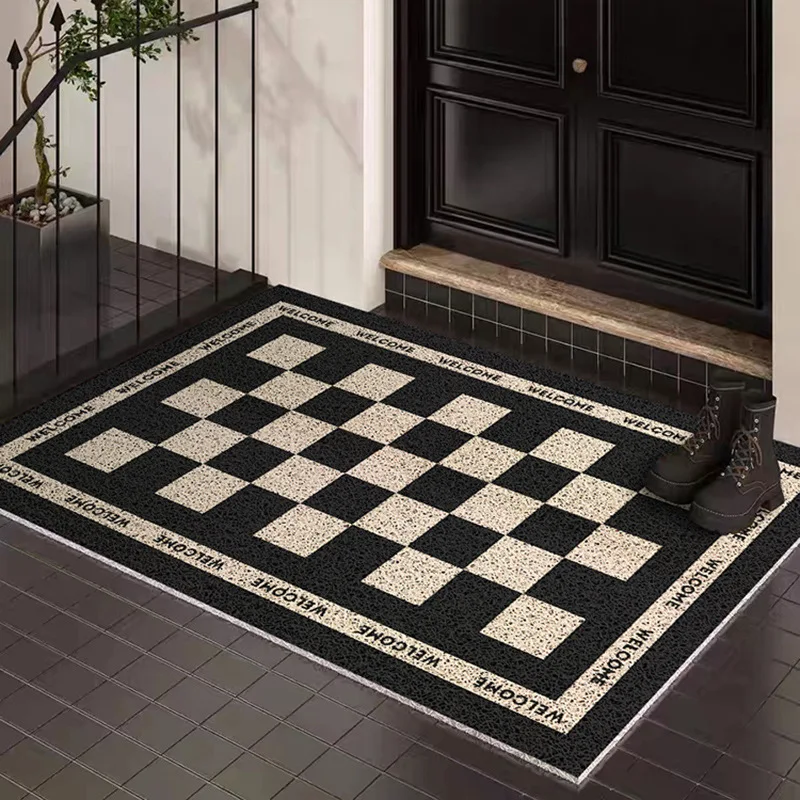 Classic Black-White Checkerboard Wire Loop Mat Easy-Clean Waterproof Heavy-Duty Mat for Home Entryway Kitchen Balcony