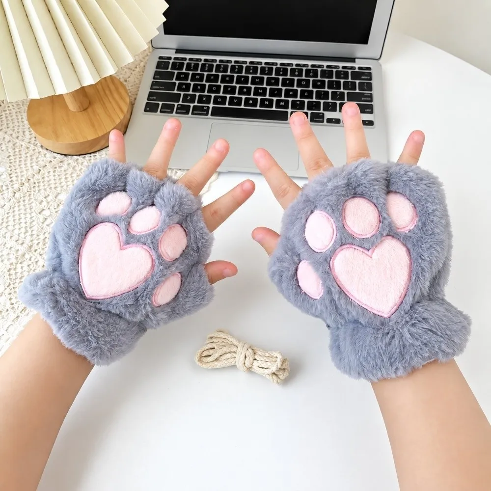 Cute Polyester Fuzzy Half Finger Gloves Thick Cold Proof Warm Winter Gloves One Size Bear Paw Gloves Indoor Use