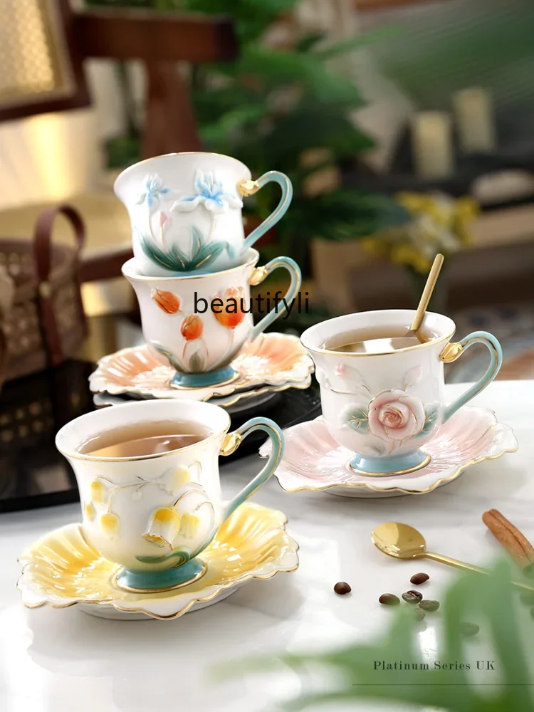 Embossed flower hand-painted ceramic high-end coffee cup and saucer set household afternoon tea cup water cup