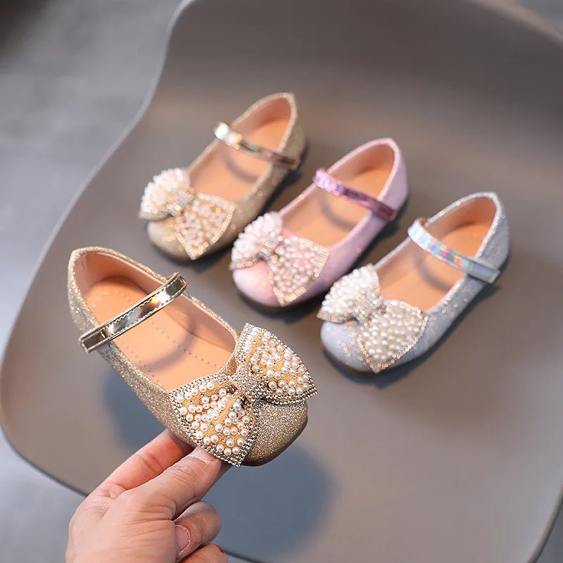 

Spring Girls Leather Shoes New Children's Shining Pearl Princess Shoes Kids Soft Bottom Dance Casual Shoes G974