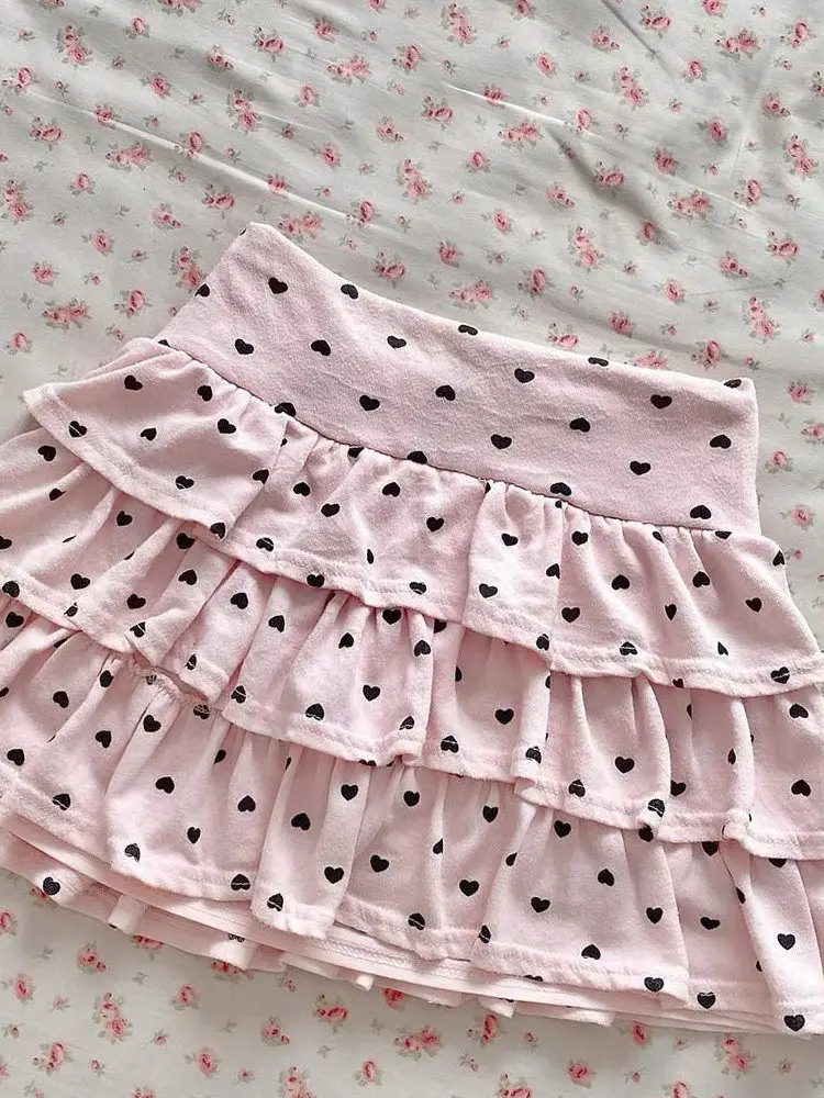 Sweet Heart Print Cake Mini Skirt Women 2026 Summer High Waist Slim Fluffy A-line Princess Skirts Y2k Aesthetic Faldas