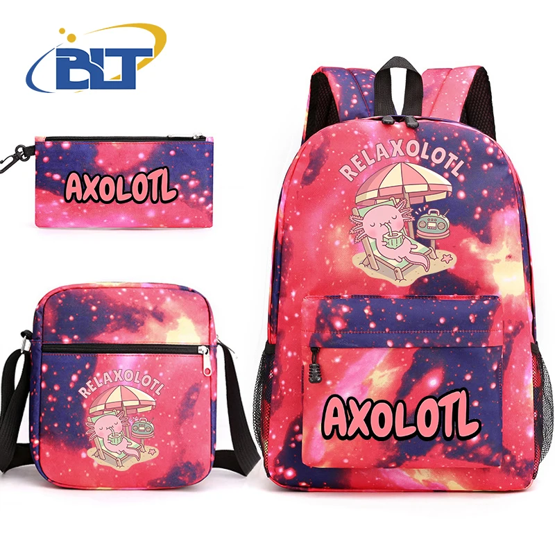 Axolotl borsa da scuola per bambini stampata set da 3 pezzi zaino per studenti borsa a tracolla astuccio per matite set regalo scolastico per bambini