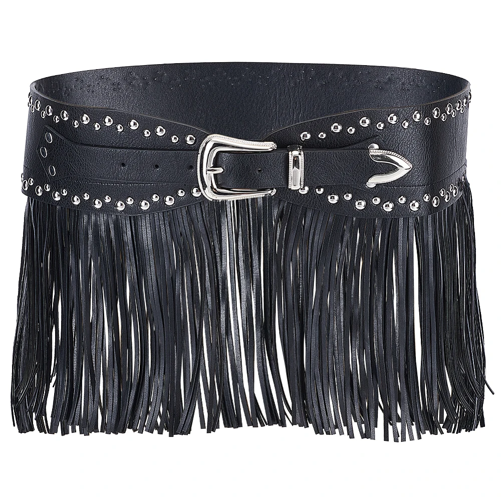 Black Fringe Belt PU Leather Adjustable Gothic Punk Boho Vintage Tassel Studded Short Skirt Rave Waistband Waist Belts for Party