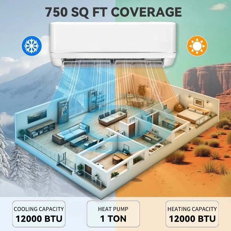 Home.12000 BTU Mini sistema de bomba de calor de ar condicionado dividido, 21 SEER2 208-230V Sistema inversor sem dutos com Wi-Fi e Ale