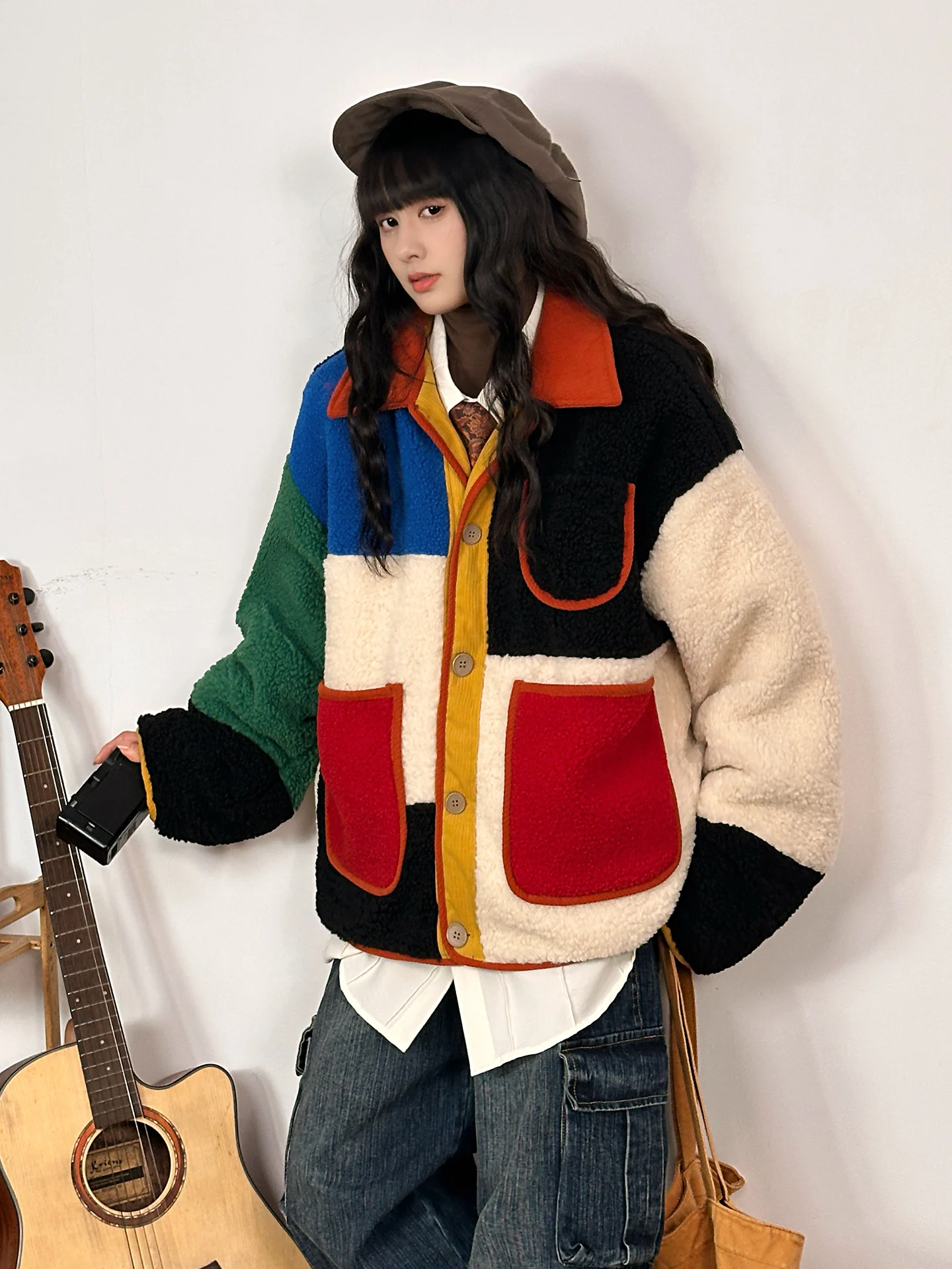 

Оригинальная американская ретро-куртка с цветными вставками и воротником из овечьей шерсти, женское зимнее теплое хлопковое пальто свободного кроя в уличном стиле