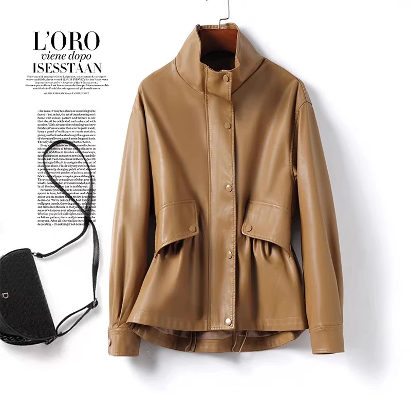 New Women Split Leather Short Coat Spring Autumn Fashion Turtleneck Long Sleeve Drawstring Slim Waist Leather Jacket Casual Coat view 5