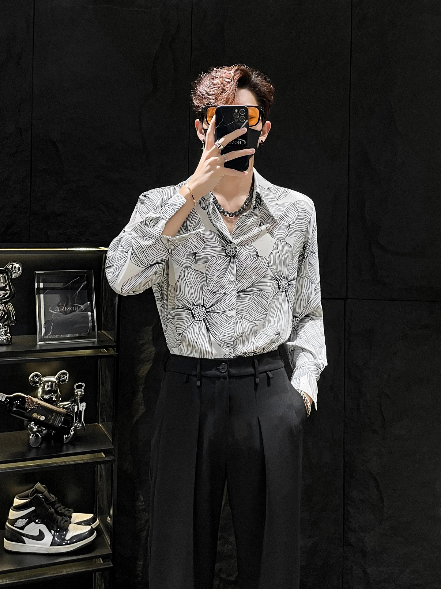 

No Ironing Large Collar Long Sve Men's irt Korean Sle Diamond Embellied Casual Faion Advanced Feeling Youth ular