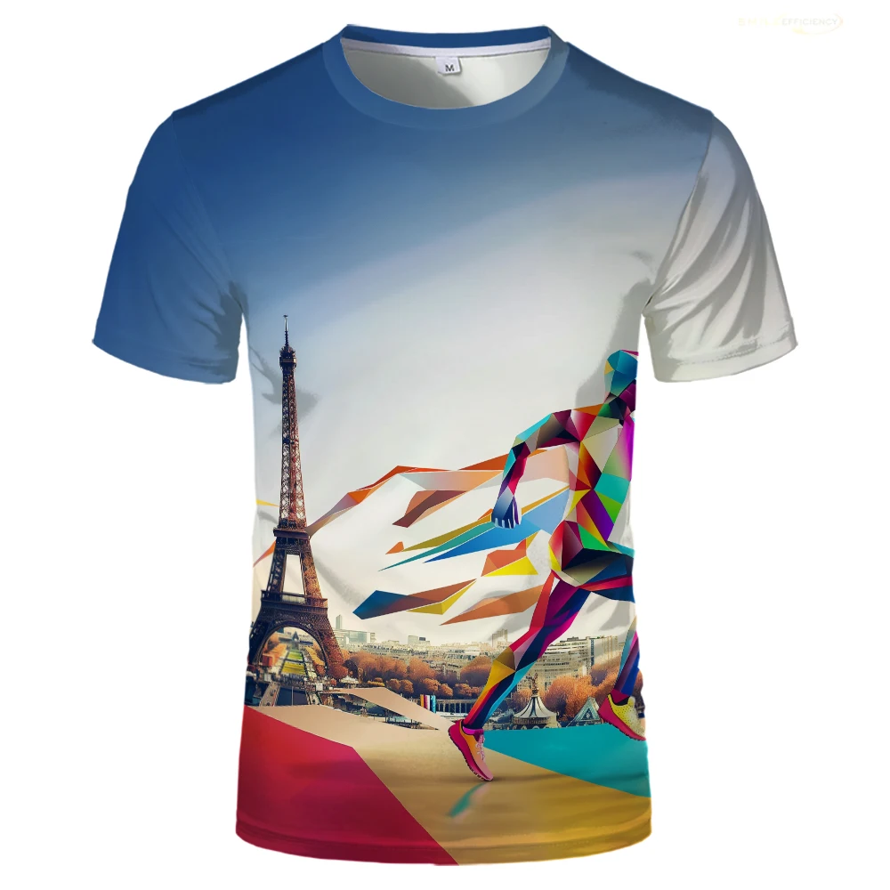 Paris Eiffel Tower Sports Meeting Men Printed Tshirt France Paris Graphic Casual T Shirts Running Competitions Games Unisex Tees