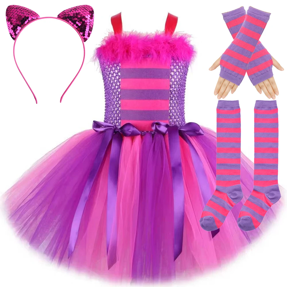 Hot Pink Purple Cat Costumes for Baby Girls Cartoon Animal Fancy Tutu Dress for Kids Carnival Party Outfit with Ears Bow Socks