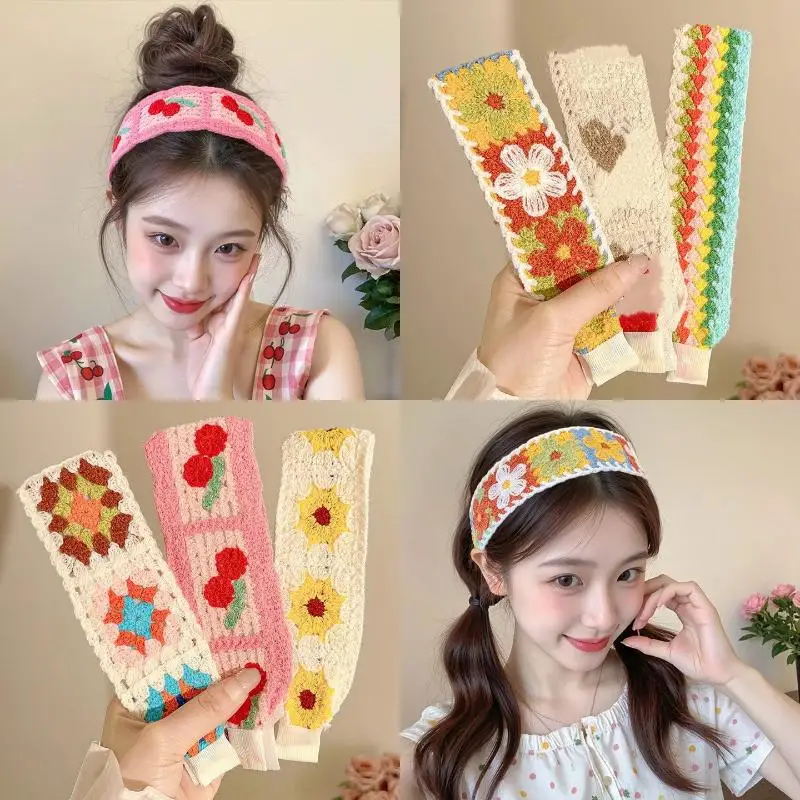Gestricktes, farbenfrohes Haarband mit Blumenmuster und Klettverschluss für Damen und Mädchen, ein süßes Haaraccessoire, ein modisches Haarband. – Detail 3