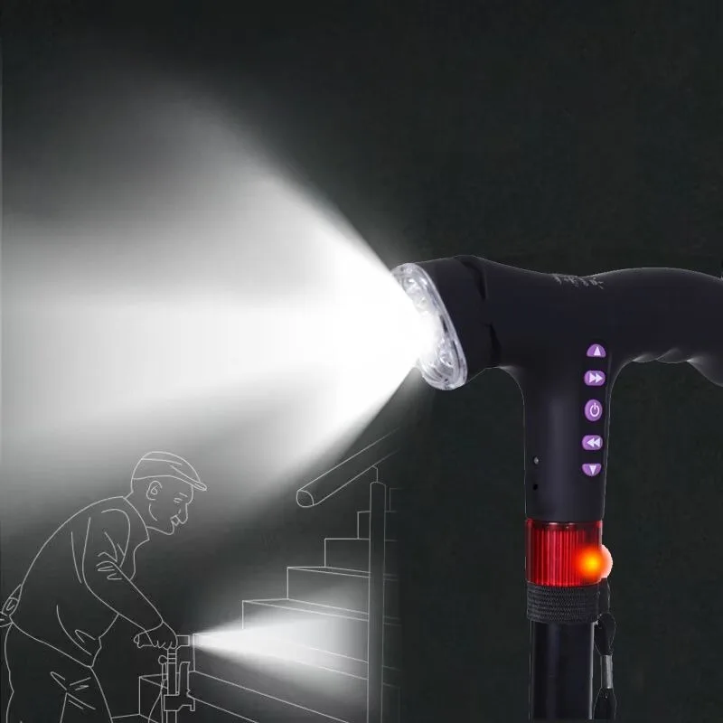 CaneMulti-functionalSmart إنذار تلقائي غير قابل للانزلاق المسنين أربعة أرجل قابل للسحب قابلة للشحن مصباح يدوي راديو حجم قابل للتعديل