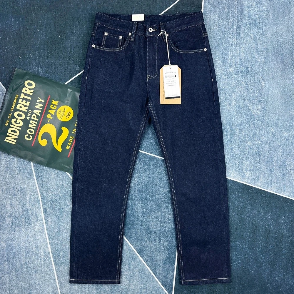 بنطلون جينز ثقيل الوزن من القطن الخالص على الطراز الأمريكي القديم للرجال بنطال صغير مستقيم ونحيف سميك اللون الأصلي #2