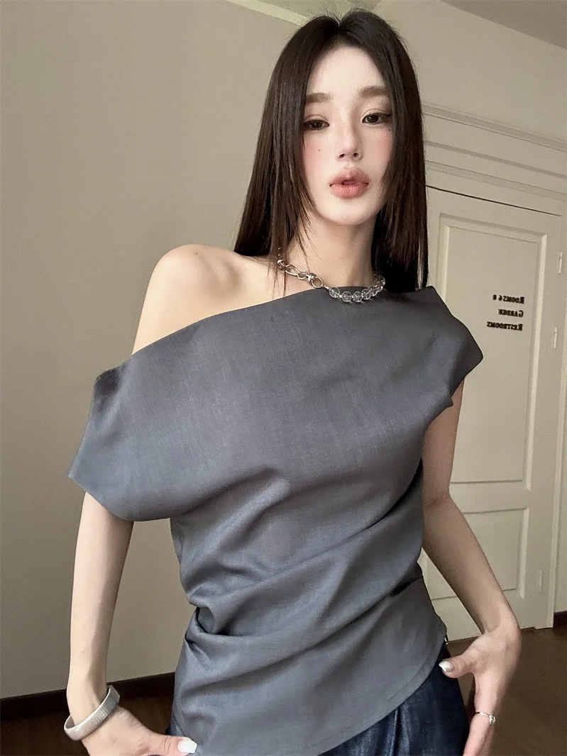 

Simple Asymmetric Shoulder Bridesmaid T-Shirt Women's Summer New Folded Slimming Shoulder Top Straight Tube Short Sleeve