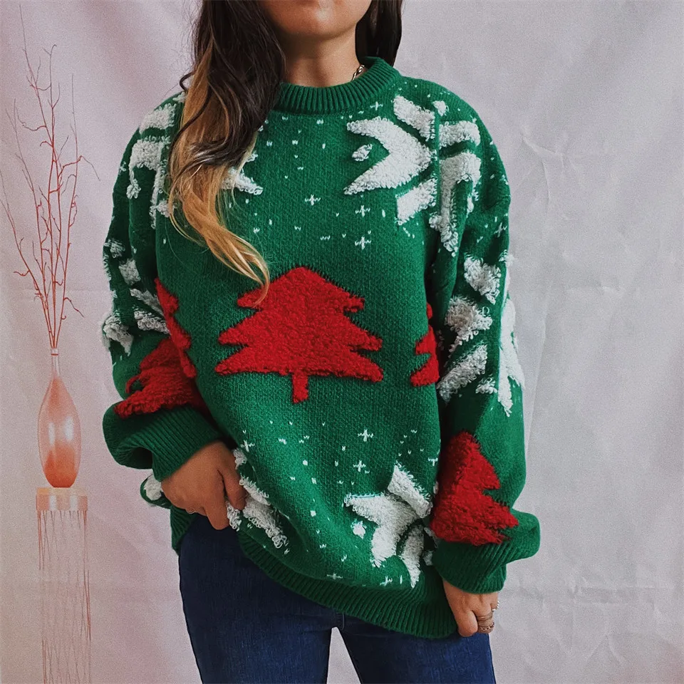 New Elegant Sweater Woman Festive Stylish Christmas Tree Print Evening Party Versatile Sweater Roupas De Inverno Feminina Mulher