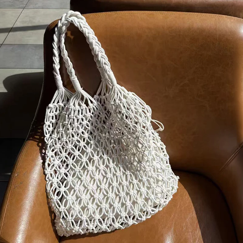 Handmade Woven Net Bag Cotton Rope Fisherman Tote Beach Shopping Eco Large Capacity Drawstring Bohemian Reusable Summer Women
