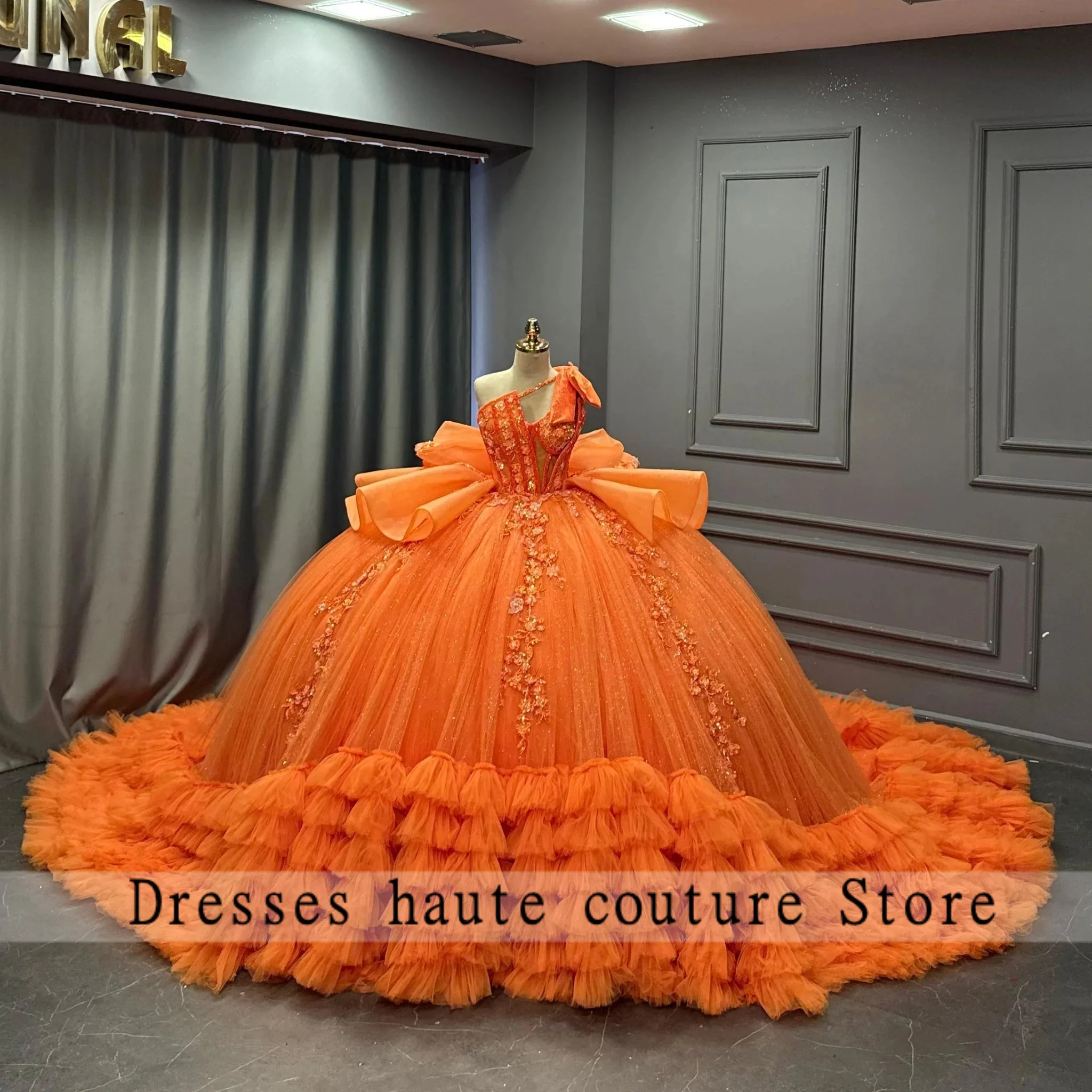 Orange One Shoulder Layered Tulle Ball Gown Quinceanera Dresses Vestidos De Fiesta Vestidos De 15 Quinceaneras Customized