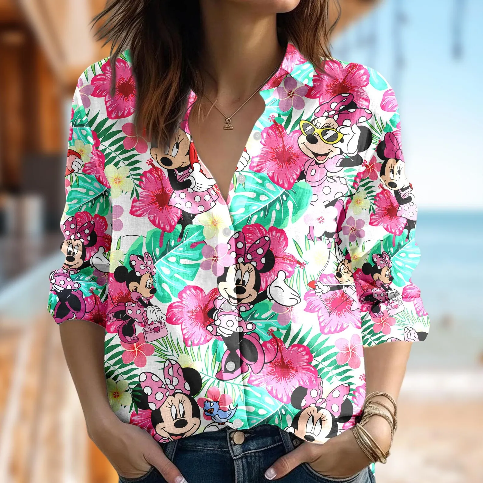 بلوزات ديزني ميكي النسائية قميص كاجوال بأزرار وأكمام طويلة قميص كارتوني أنيق ثلاثي الأبعاد مطبوع بالكامل قمصان علوية